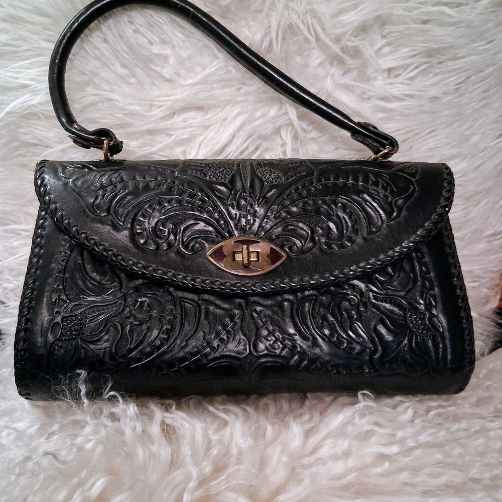 Vintage black leather tooled bag